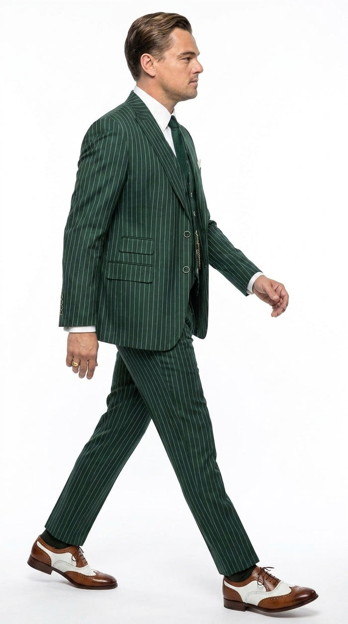 Men’s Hunter Green Pinstripe 1920s Gangster 3 Piece Suit, Great Gatsby Formal Outfit for Weddings, Prom, Parties, and Theme Events