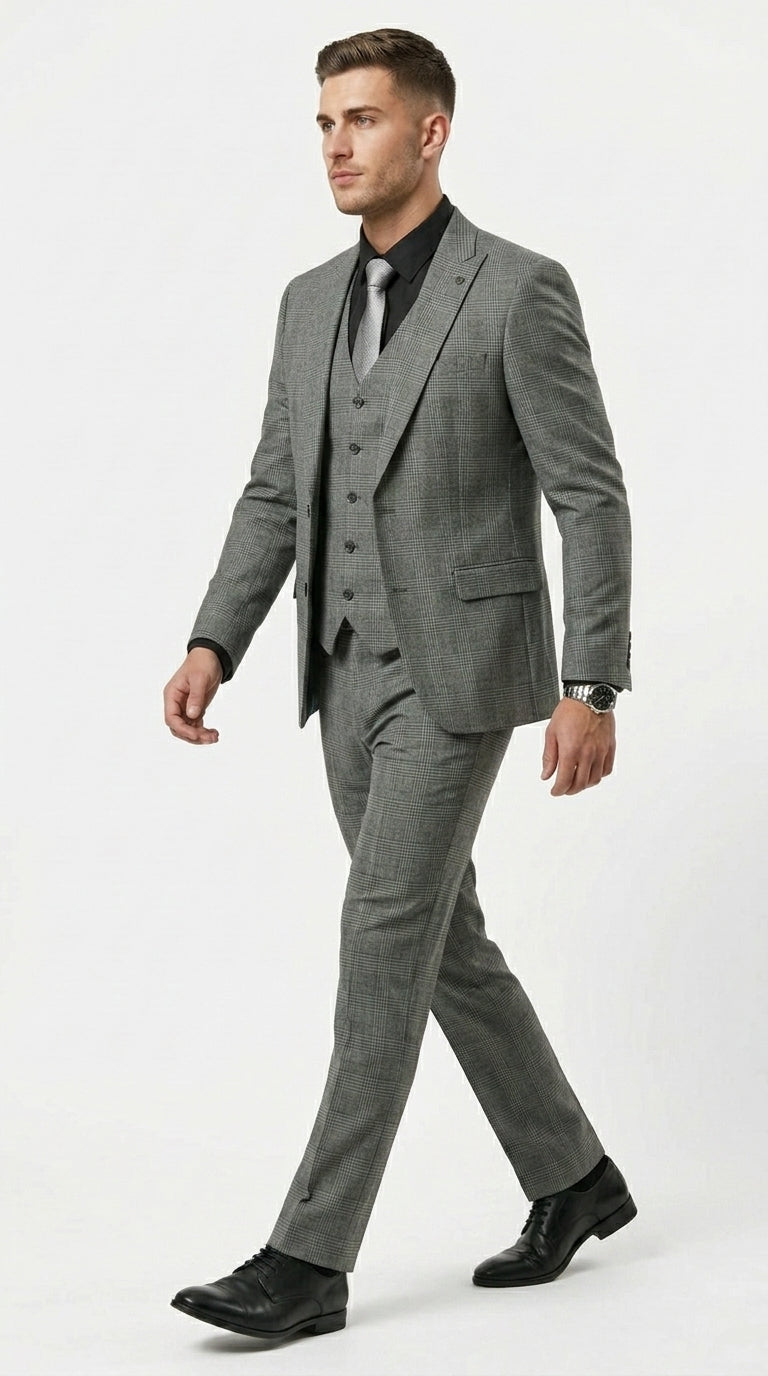 Stacy Adams Men’s 3 Piece Glen Check Hybrid Fit Suit, Formal Wedding Business Suit in Navy, Gray and Brown