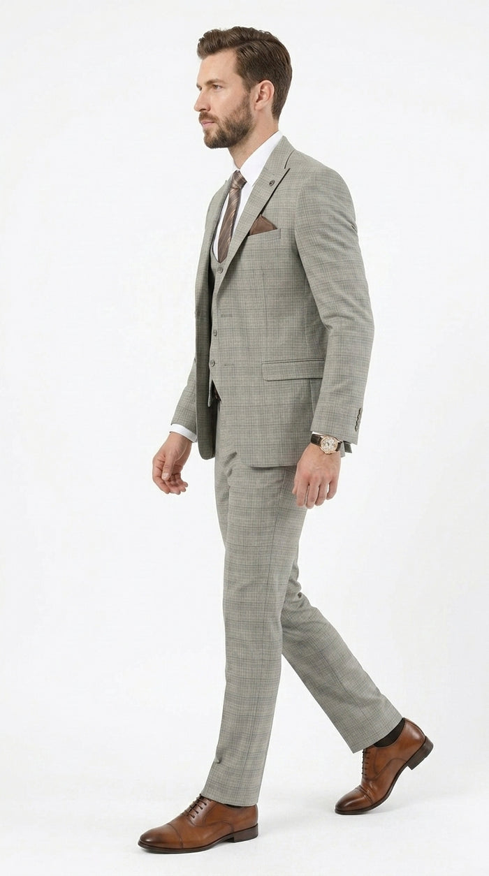 Men’s Khaki Glen Plaid Stacy Adams 3 Piece Suit, Two Button Peak Lapel Formal Wedding Suit Set