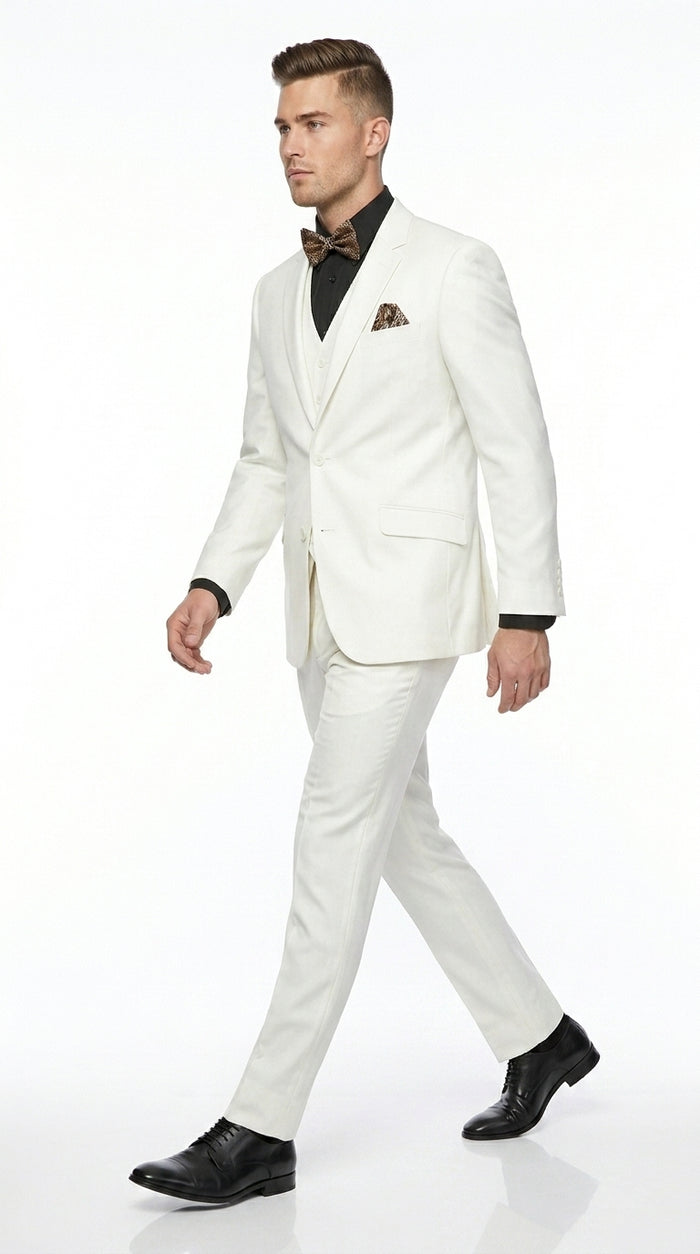 Men’s Off White 100% Wool Vested Suit, Solid Formal Wedding Prom 3 Piece Suit Set