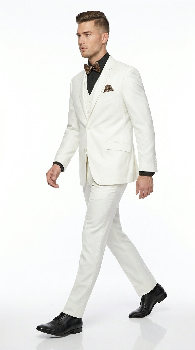Men’s Off White 100% Wool Vested Suit, Solid Formal Wedding Prom 3 Piece Suit Set