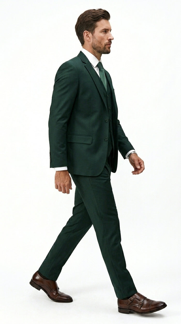 Men’s Hunter Green Vested Suit, Statement Formal Wedding Prom 3 Piece Suit Set