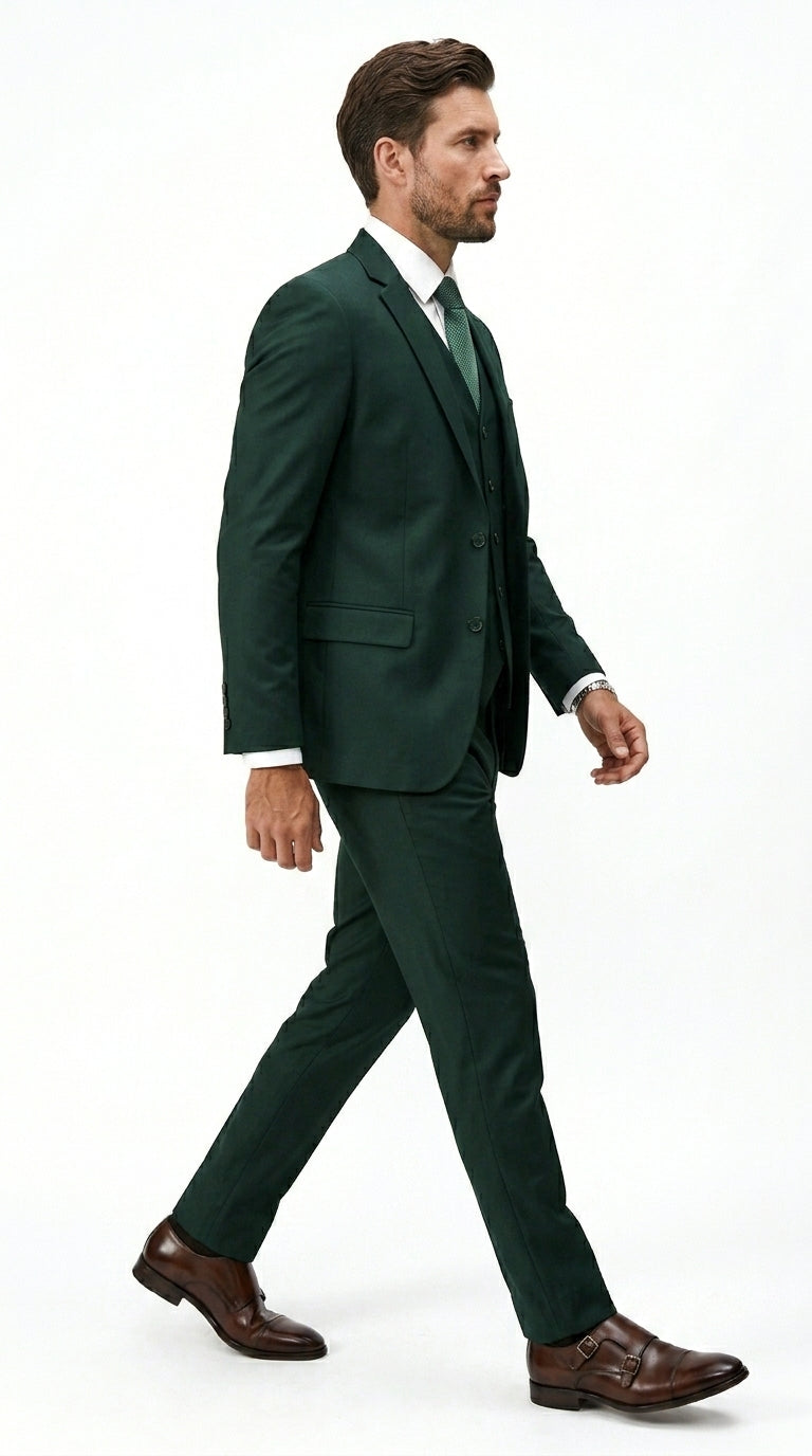Men’s Hunter Green Vested Suit, Statement Formal Wedding Prom 3 Piece Suit Set