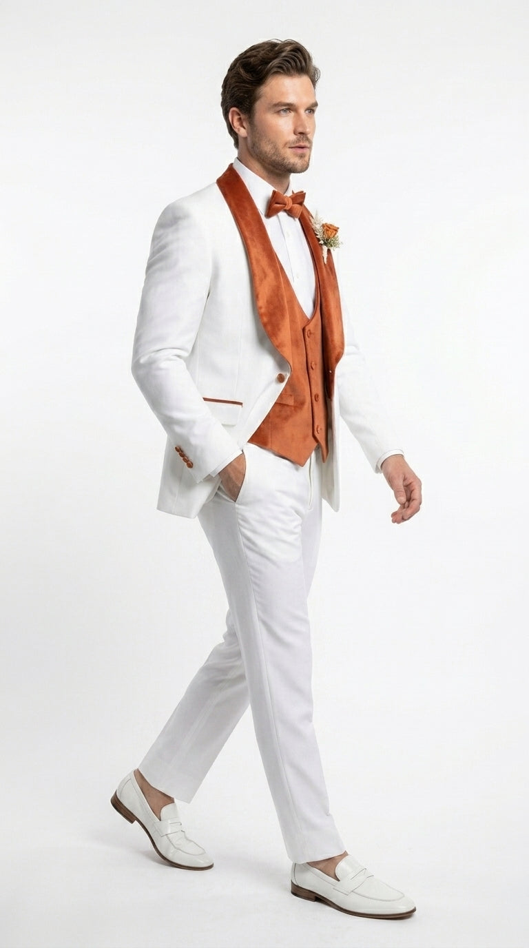 Men’s Cream Wedding Suit with Orange Contrast Shawl Lapel, Vested Groom Formal Suit Set