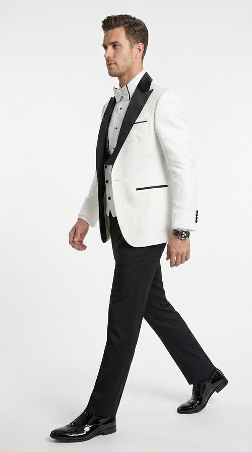 Statement Men’s White and Black Vested Tuxedo, Peak Lapel Wedding Prom Formal Suit with Bow Tie