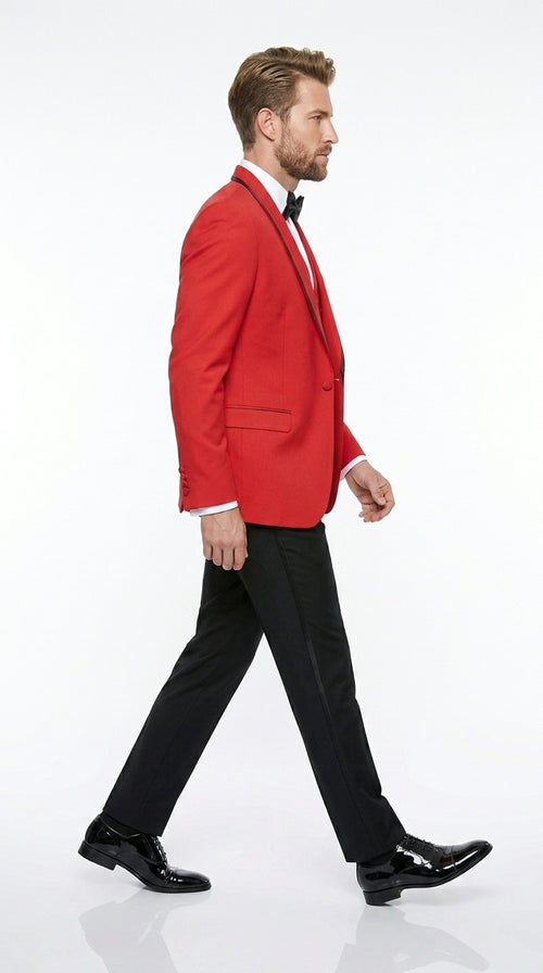 Statement Men’s Red 100% Wool Vested Tuxedo with Black Trim Fine Lapel, Wedding Prom Formal Suit Set