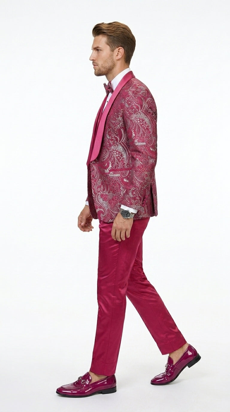 Statement Men’s Red Patterned Vested Tuxedo with Bowtie, Paisley Formal Wedding Prom Suit Set