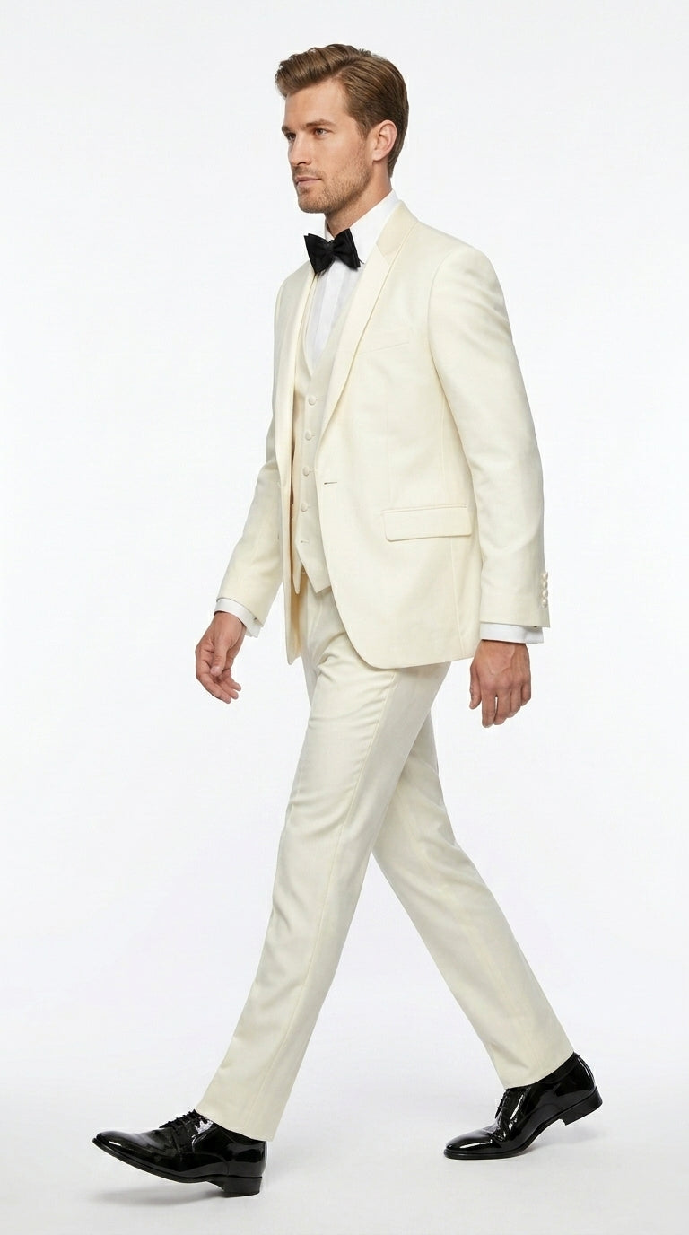 Statement Men’s Off White 100% Wool Vested Tuxedo with White Lapel, Wedding Prom Formal Suit Set