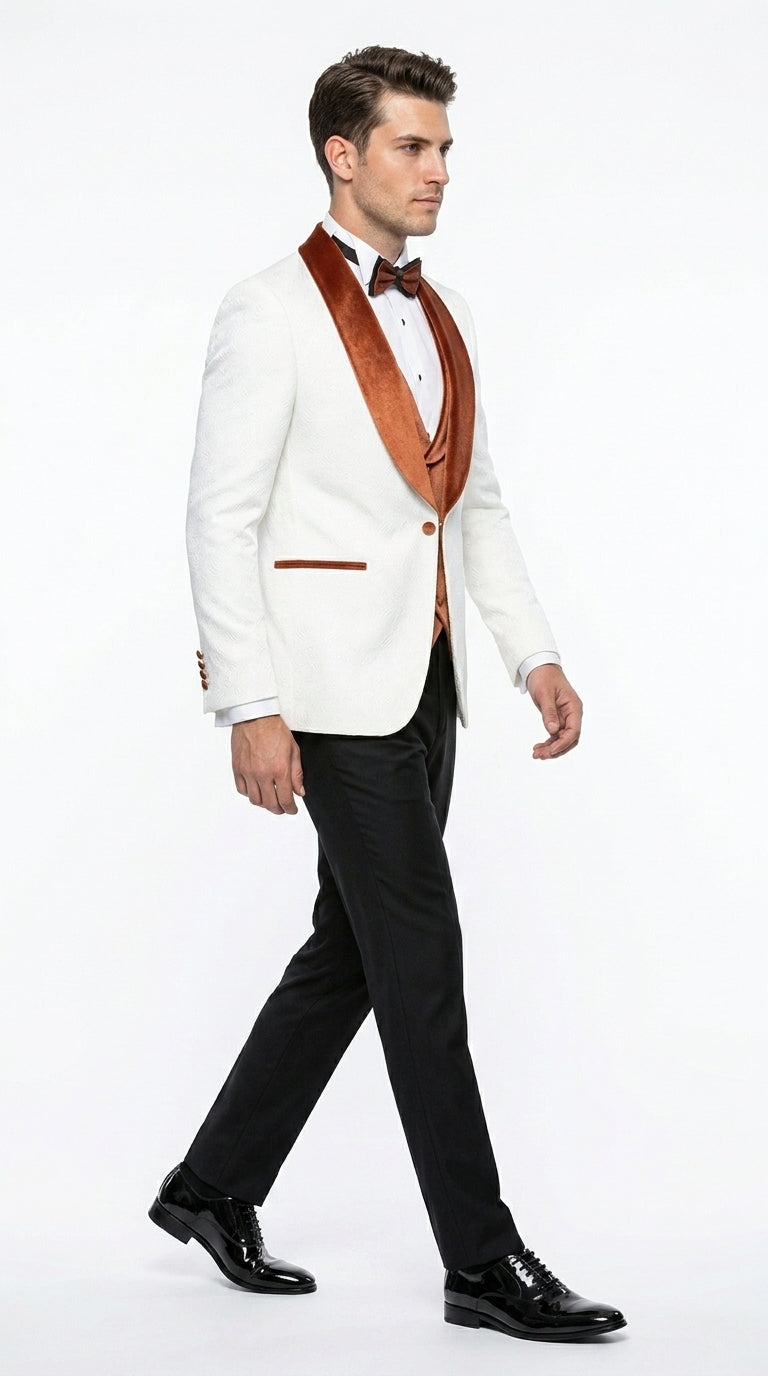 Men’s White Paisley Tuxedo with Burnt Orange Velvet Shawl Lapel, Formal Wedding Prom Dinner Suit - Orange and White