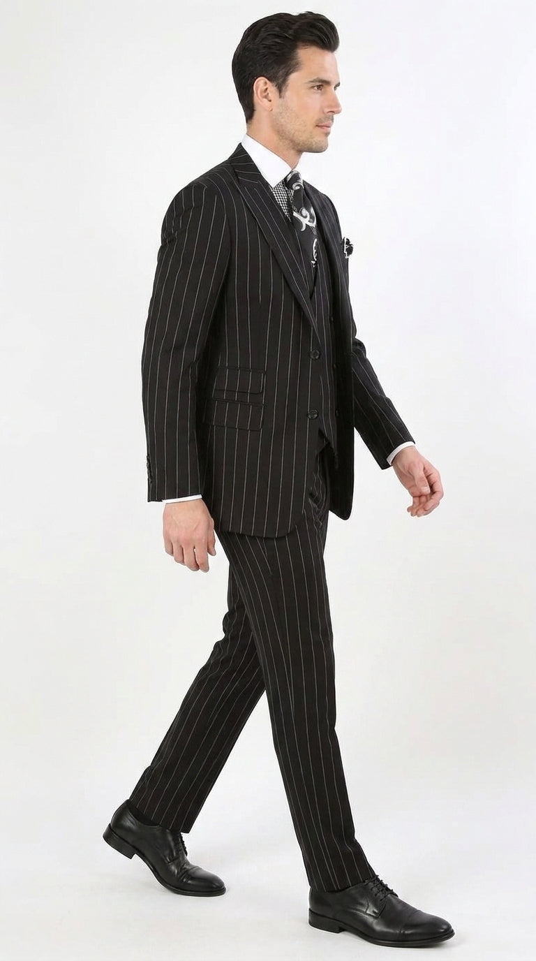 Royal Diamond Men’s Black Pinstripe 3-Piece Suit – Classic Wedding, Business and Formal Suit with Vest - 38 Short Jacket+32 Waist Adjustable 28to34)(Height: 5 4 to5 7 )(Neck  15-16.5)S-M)