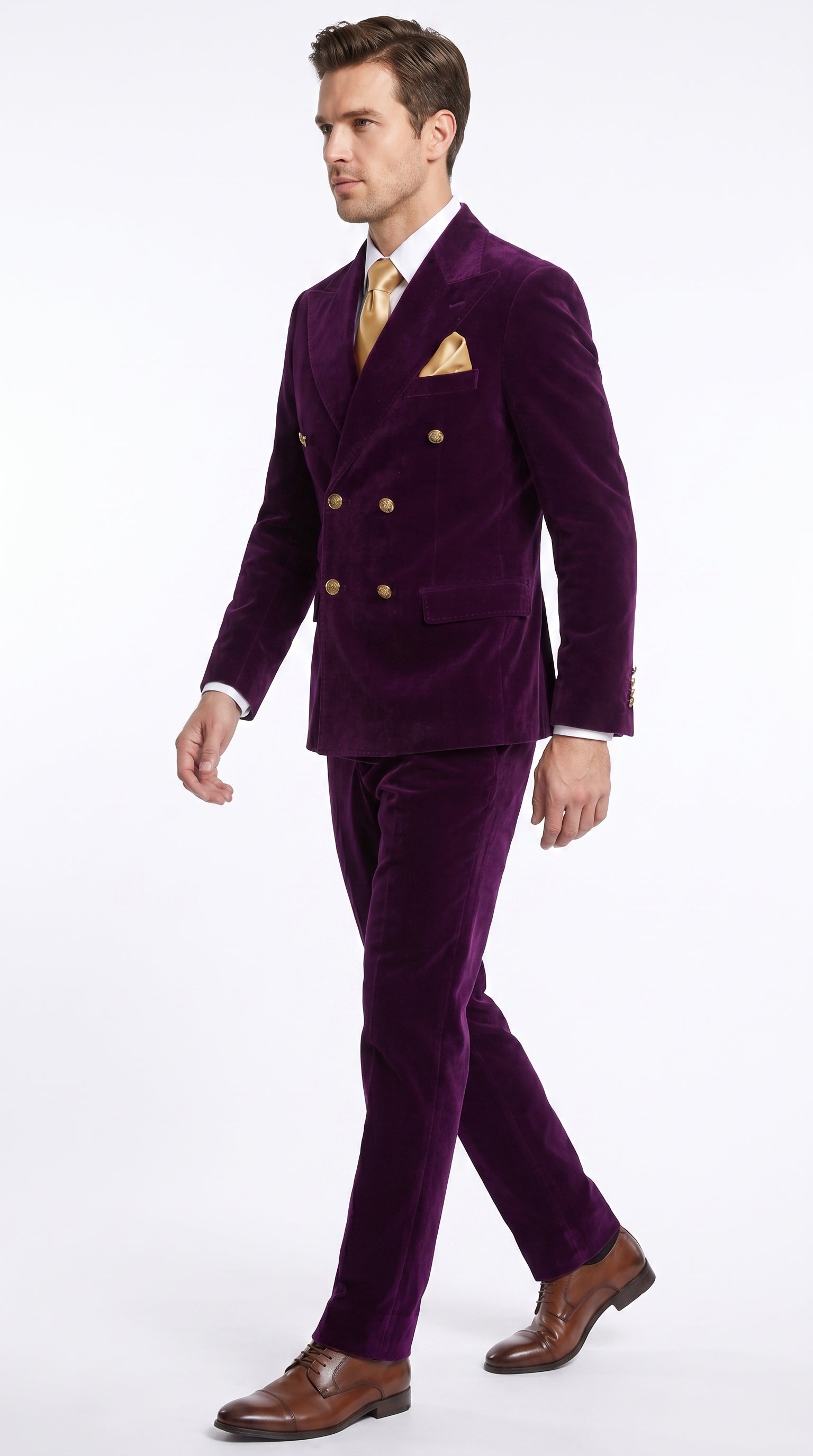 Men’s Rossi Man Zeus Purple Velvet Double Breasted Tuxedo Suit, Formal Wedding Prom Dinner Suit Set - 34 Short or Extra Small