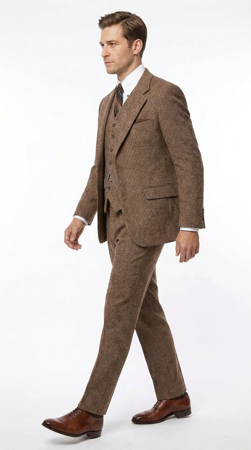 Men’s Light Brown Great Gatsby Tweed Herringbone Vested Suit, Tobey Maguire Inspired 1920s Formal Outfit
