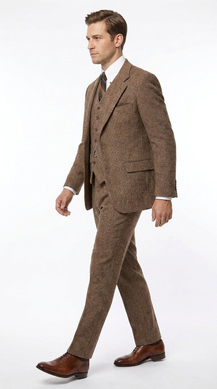 Men’s Light Brown Great Gatsby Tweed Herringbone Vested Suit, Tobey Maguire Inspired 1920s Formal Outfit