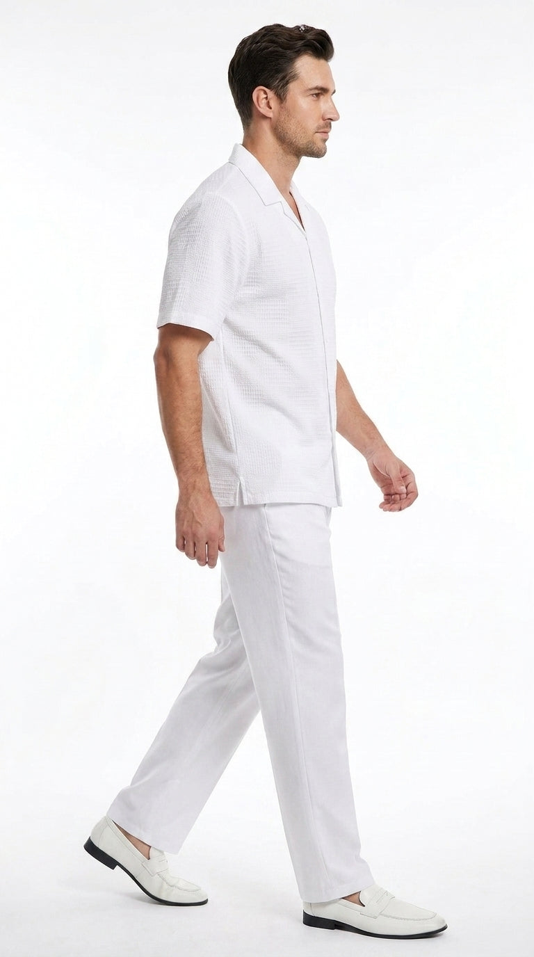 Men’s White Walking Suit, Casual Short Sleeve Shirt and Pants Summer Set - S or Small
