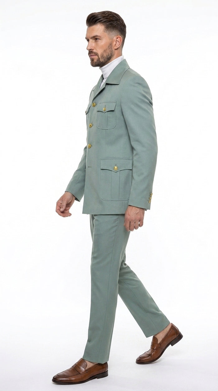 Men’s Olive Green Safari Suit Set, Utility Jacket and Adjustable Waist Pants Casual Outfit