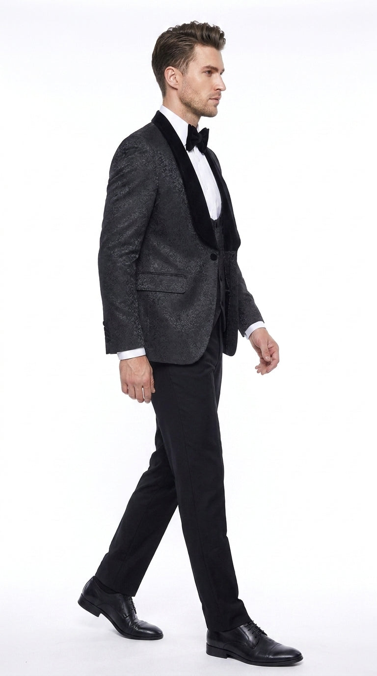 Rossi Man RM1446 Men’s Black 3 Piece Smoking Style Tuxedo Suit, Formal Wedding Prom Dinner Suit