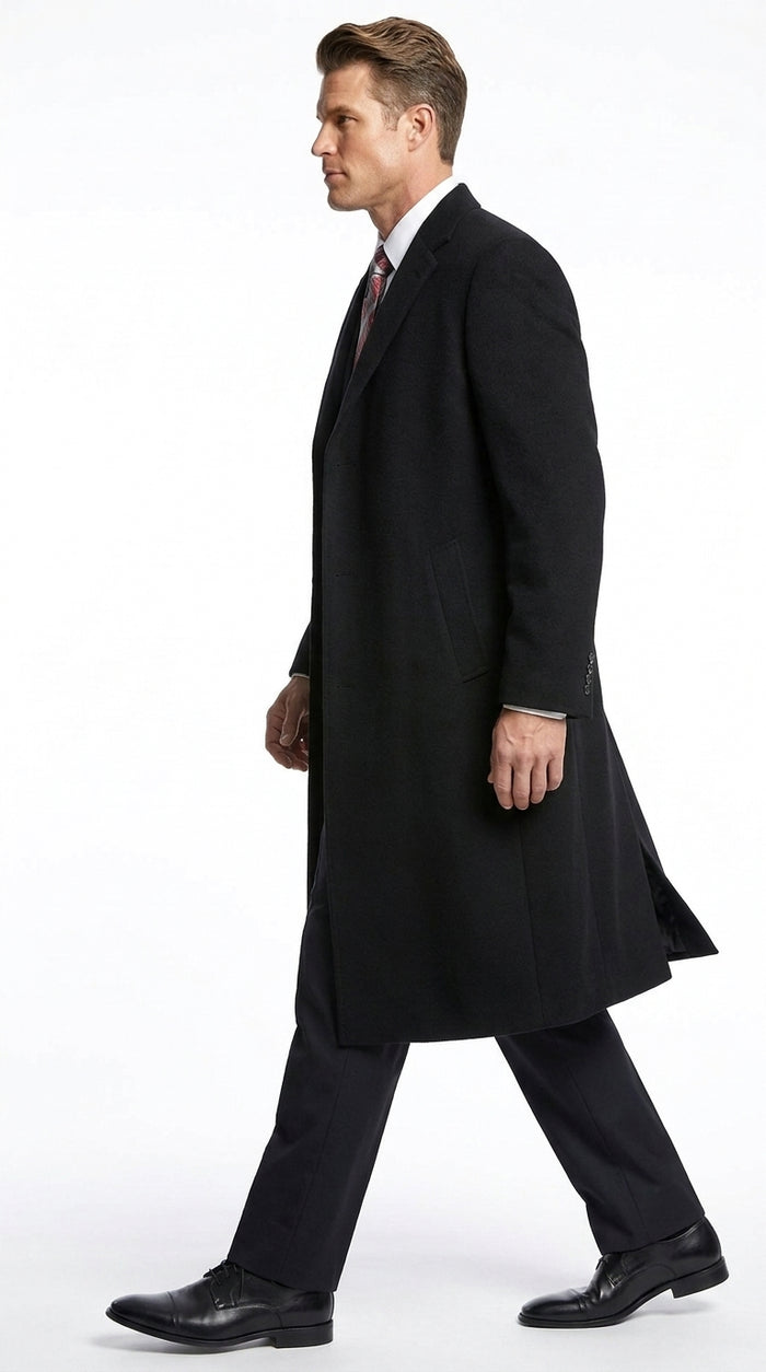 Men’s Black Wool and Cashmere Full Length Overcoat, Luxury Formal Dress Coat
