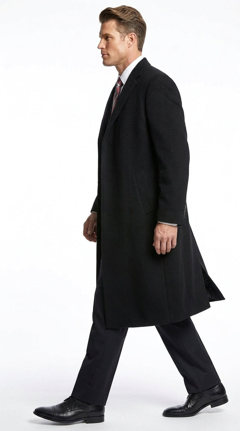 Men’s Black Wool and Cashmere Full Length Overcoat, Luxury Formal Dress Coat