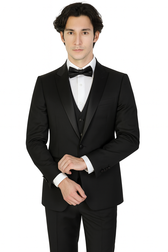 Mens 3-Piece Slim-Fit Shiny All Satin Suit Black