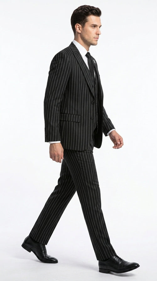 Men’s Black 2 Button Gangster Pinstripe Suit, Striped Pattern Homecoming 3 Piece Dress Suit