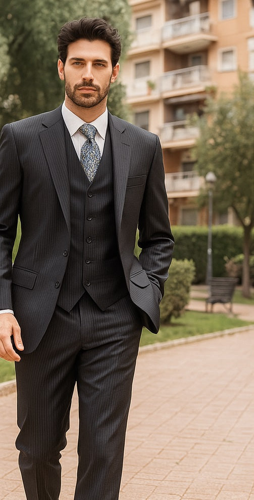 Signature Platinum Stays Cool Discounted Sale Men's 3 Piece Grey Pinstripe Italian Design three piece suit - 34 Short or Extra Small