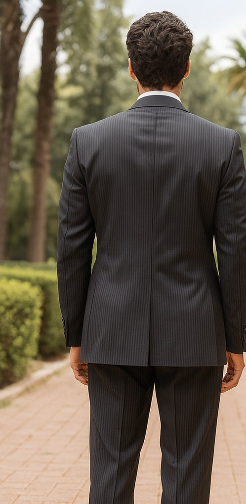 Signature Platinum Stays Cool Discounted Sale Men's 3 Piece Grey Pinstripe Italian Design three piece suit - 34 Short or Extra Small