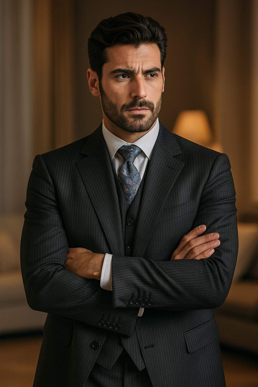 Signature Platinum Stays Cool Discounted Sale Men's 3 Piece Grey Pinstripe Italian Design three piece suit - 34 Short or Extra Small