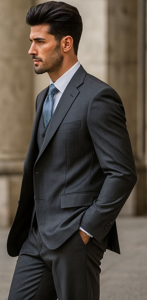 Signature Platinum Stays Cool Discounted Sale Men's 3 Piece Grey Pinstripe Italian Design three piece suit - 34 Short or Extra Small