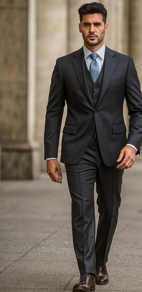 Signature Platinum Stays Cool Discounted Sale Men's 3 Piece Grey Pinstripe Italian Design three piece suit