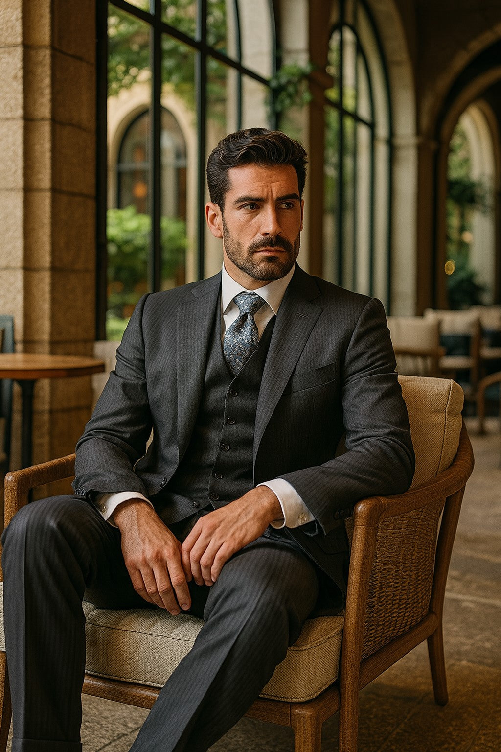Signature Platinum Stays Cool Discounted Sale Men's 3 Piece Grey Pinstripe Italian Design three piece suit - 34 Short or Extra Small