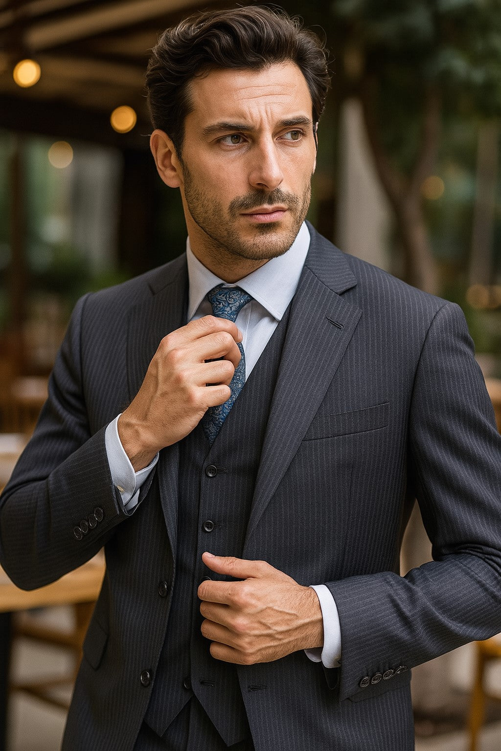 Signature Platinum Stays Cool Discounted Sale Men's 3 Piece Grey Pinstripe Italian Design three piece suit - 34 Short or Extra Small