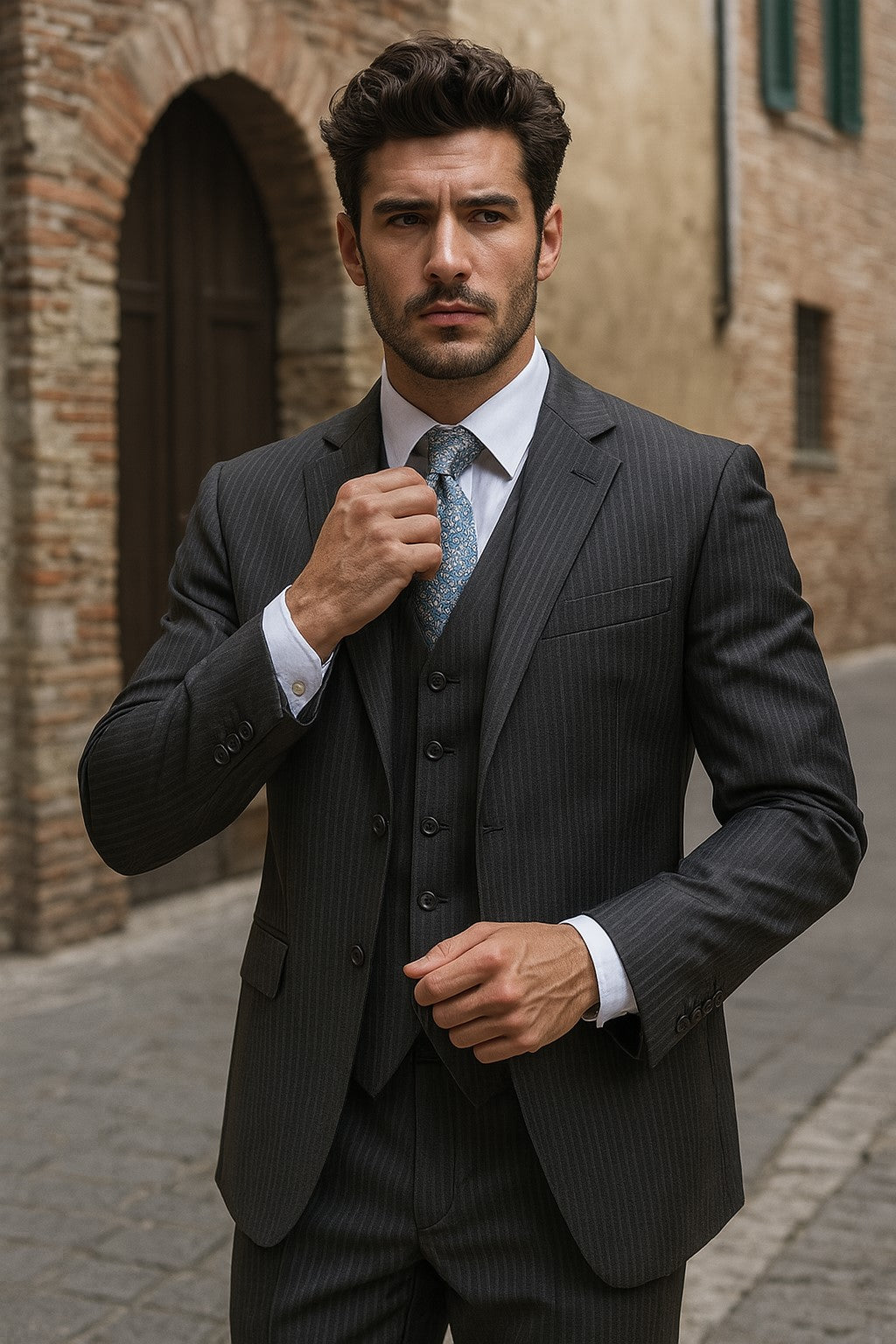 Signature Platinum Stays Cool Discounted Sale Men's 3 Piece Grey Pinstripe Italian Design three piece suit - 34 Short or Extra Small