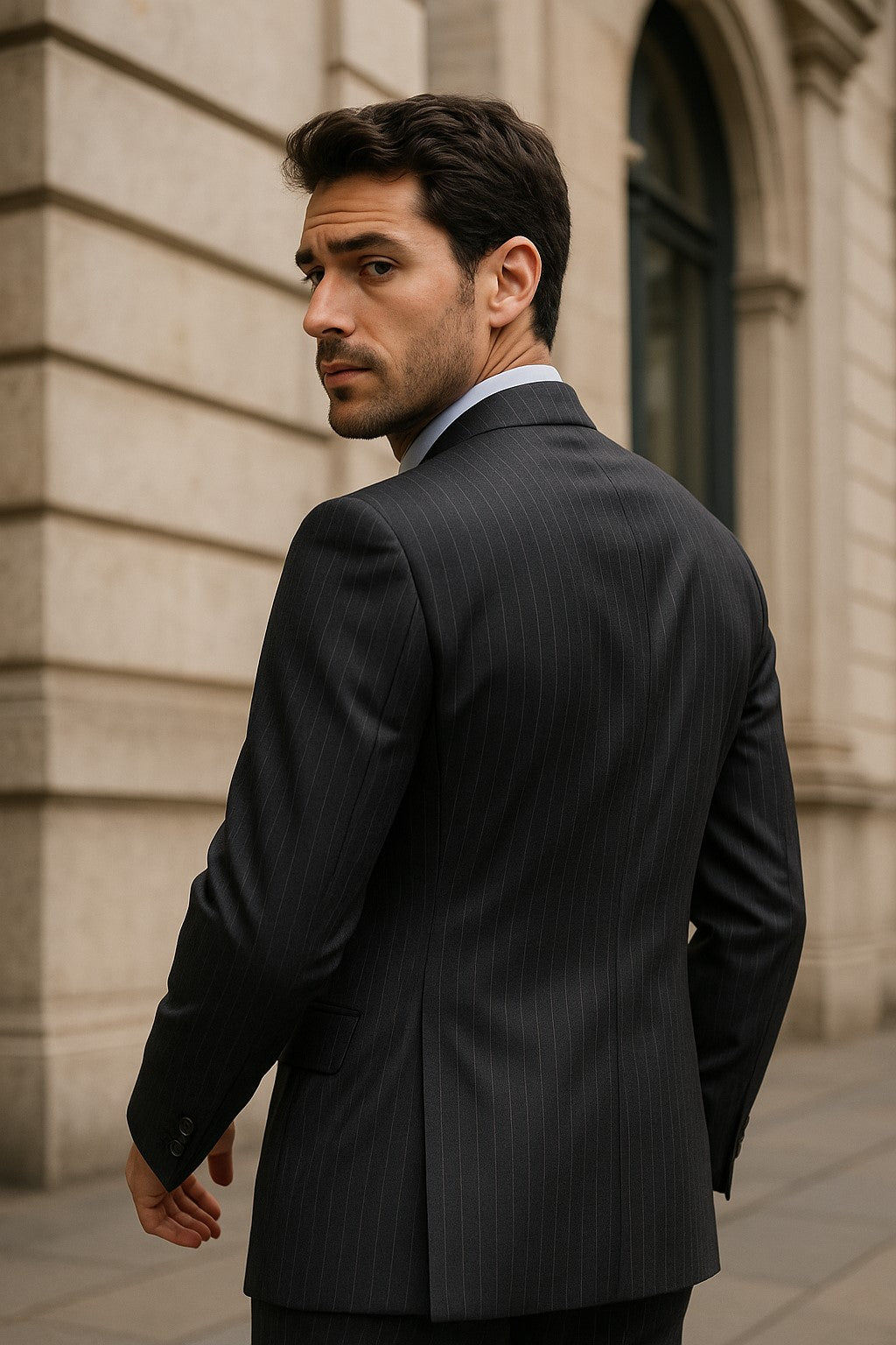 Signature Platinum Stays Cool Discounted Sale Men's 3 Piece Grey Pinstripe Italian Design three piece suit
