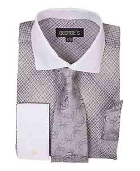 French Cuff Silver Mini Plaid/Checks White Collar Two Toned Contrast Shirt With Tie And Handkerchief Men's Dress Shirt