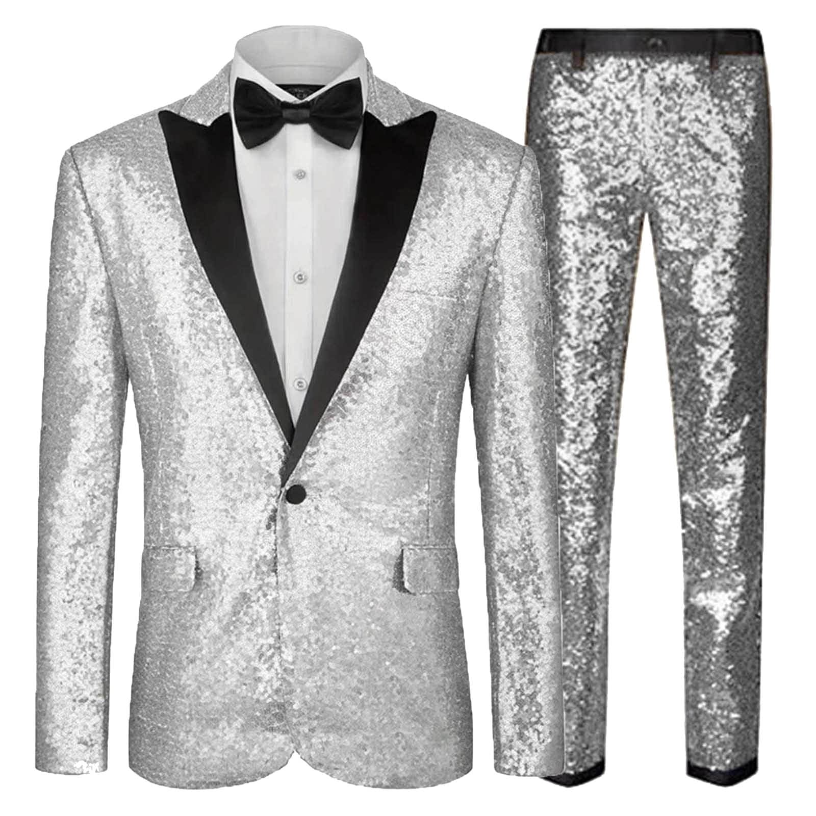 Sequin Suit - Silver Grey Shiny Suit Perfect for Stage or Prom Fancy Pattern Glitter Fabric - 34 Short or Extra Small