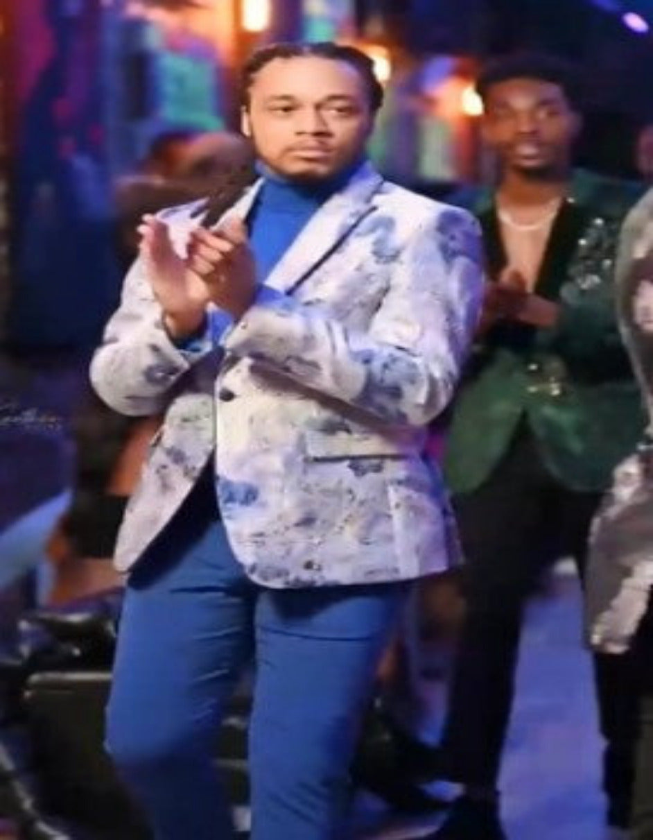 Silver Grey and Blue Paisley Tuxedo Dinner Jacket - White and Royal Floral Prom Blazer - 36 Short