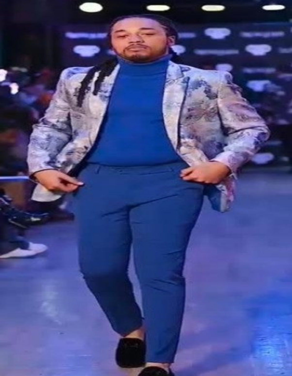 Silver Grey and Blue Paisley Tuxedo Dinner Jacket - White and Royal Floral Prom Blazer - 36 Short