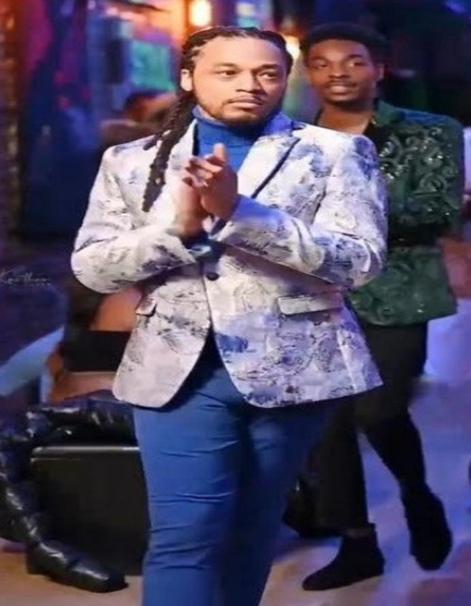 Silver Grey and Blue Paisley Tuxedo Dinner Jacket - White and Royal Floral Prom Blazer - 36 Short