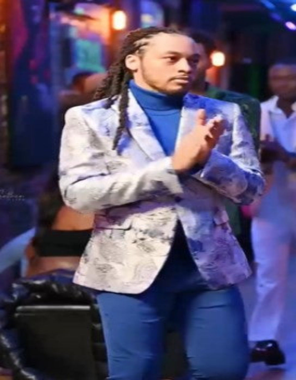 Silver Grey and Blue Paisley Tuxedo Dinner Jacket - White and Royal Floral Prom Blazer - 36 Short