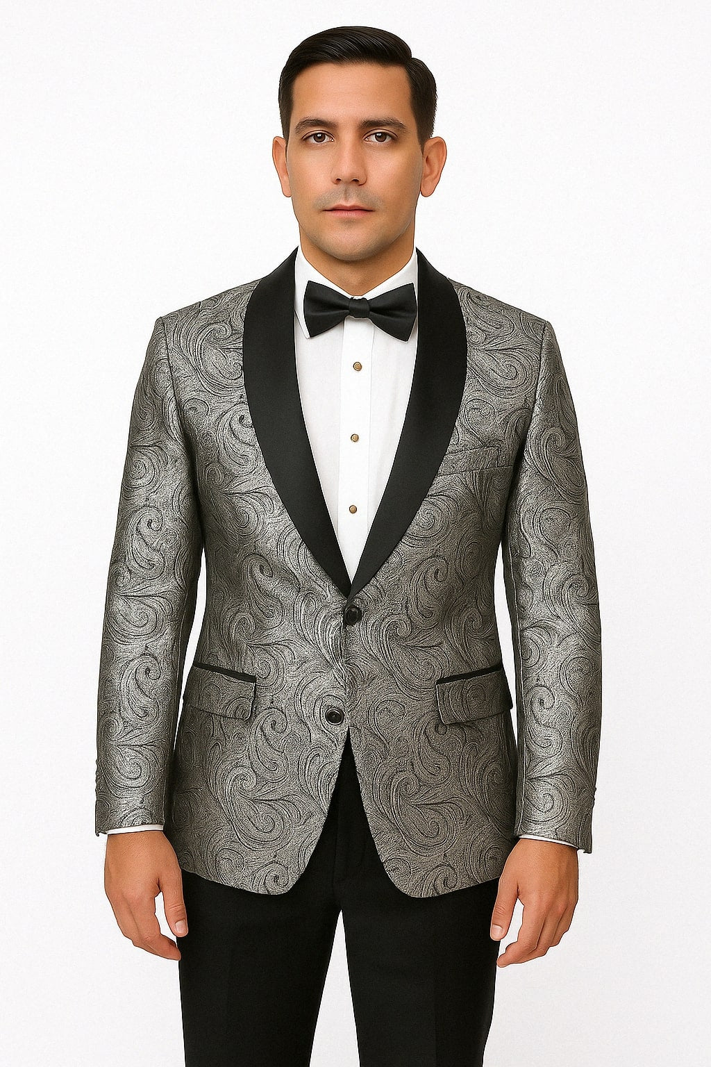 Silver and Black Tuxedo Blazer with Matching Bow Tie - Paisley Sport Coat For Prom or Wedding - 44 Short Jacket+38 Waist Adjust 34to40)(Height: 5 4 to5 7 )(Neck  16.5-18:XL