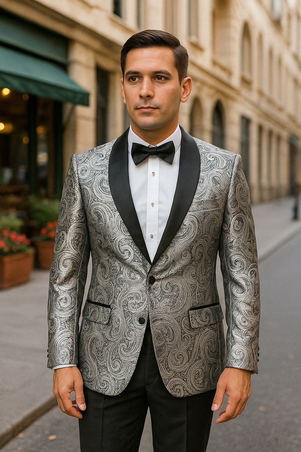 Silver and Black Tuxedo Blazer with Matching Bow Tie - Paisley Sport Coat For Prom or Wedding - 44 Short Jacket+38 Waist Adjust 34to40)(Height: 5 4 to5 7 )(Neck  16.5-18:XL