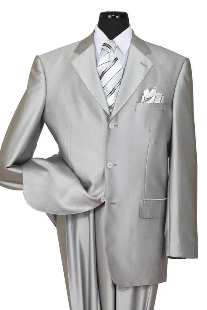 Cheap Priced Suit  - Mens Classic Fit 3 Button Shiny Sharkskin Silver Suit - 38 Short Jacket+32 Waist Adjustable 28to34)(Height: 5 4 to5 7 )(Neck  15-16.5)S-M)