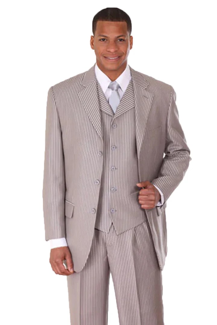 Cheap Priced Suit  - Mens 3 Button Vested Shiny Sharkskin Narrow Pinstripe Silver Suit - 38 Short Jacket+32 Waist Adjustable 28to34)(Height: 5 4 to5 7 )(Neck  15-16.5)S-M)