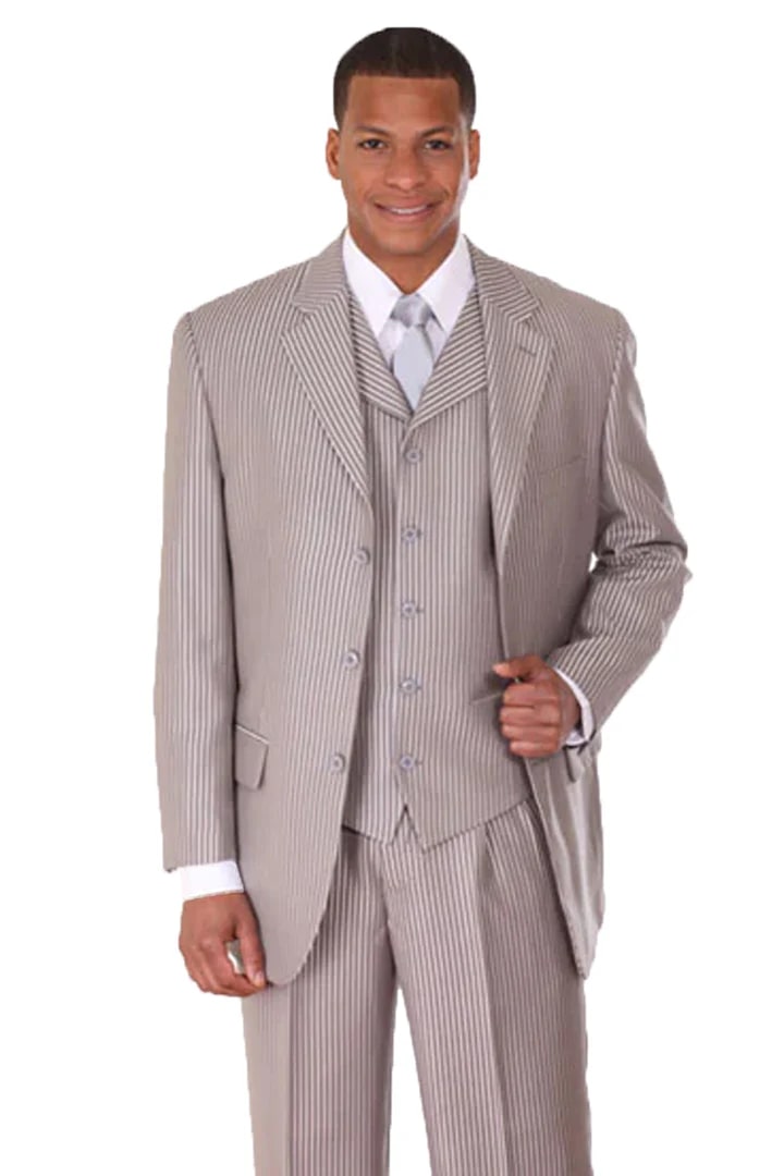 Cheap Suit - Mens 3 Button Vested Shiny Sharkskin Narrow Pinstripe Silver Suit