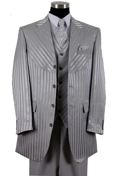 Cheap Priced Suit- Mens 4 Button Semi Wide Leg Shiny Tonal Stripe Fashion Silver Suit