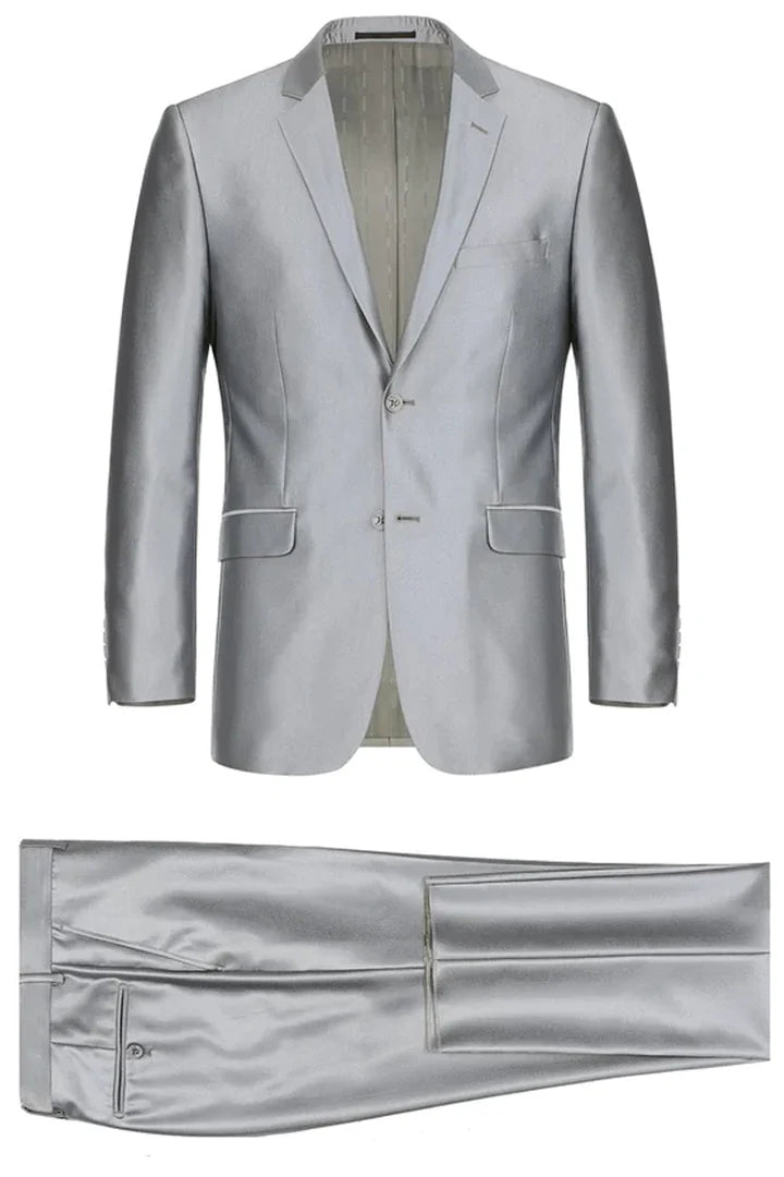 Cheap Suit - Mens Basic Two Button Slim Fit  Suit With Optional Vest In Shiny Silver Grey Sharkskin