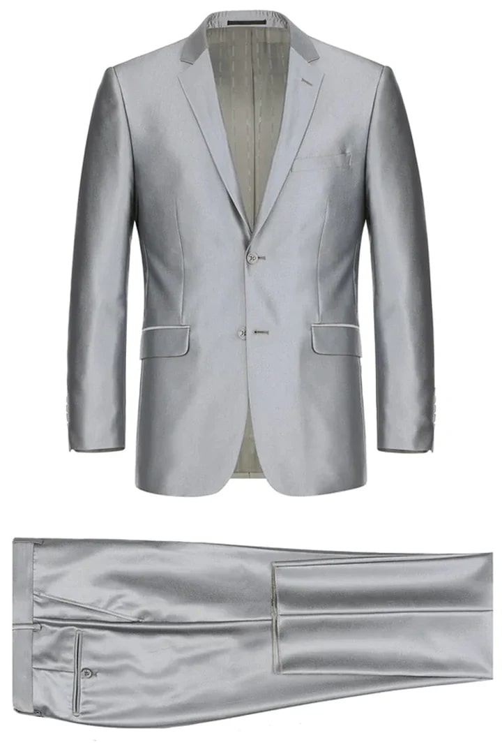 Cheap Priced Suit- Mens Basic Two Button Classic Fit  Suit With Optional Vest In Shiny Silver Grey Sharkskin - 38 Short Jacket+32 Waist Adjustable 28to34)(Height: 5 4 to5 7 )(Neck  15-16.5)S-M)