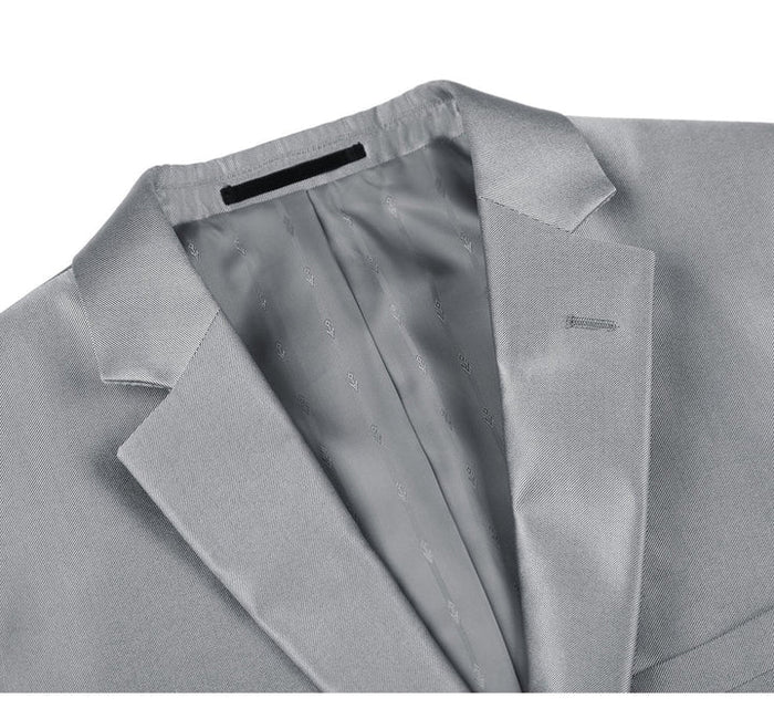 Cheap Priced Suit- Mens Basic Two Button Classic Fit  Suit With Optional Vest In Shiny Silver Grey Sharkskin
