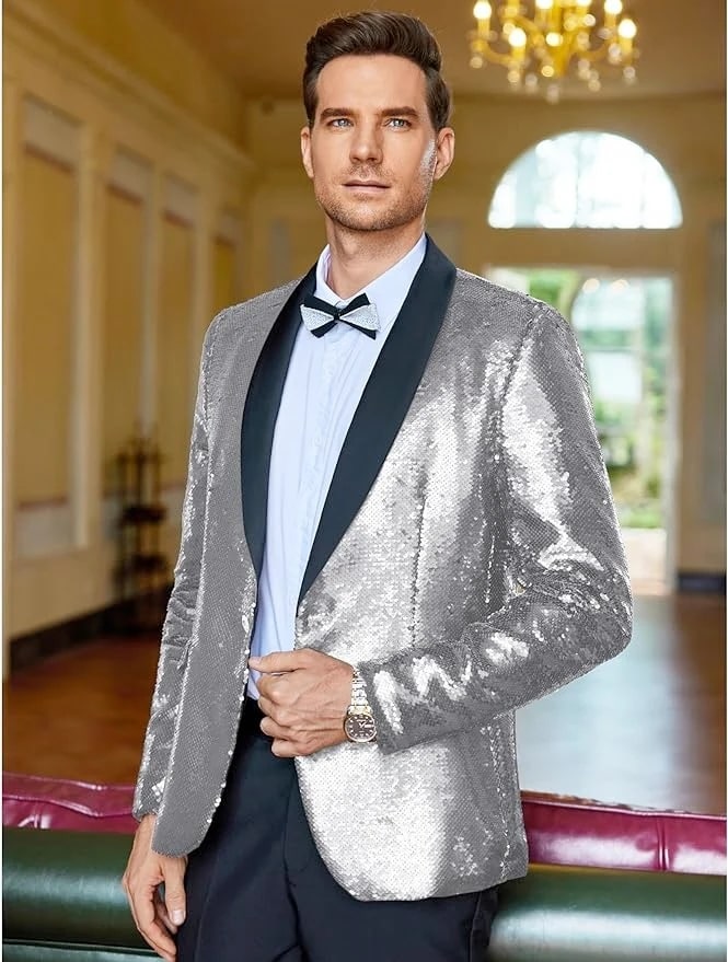 Glitter Tuxedo Dinner Jacket - Holiday Blazer With Matching Bowtie Rose Gold Shiny Sport Coat