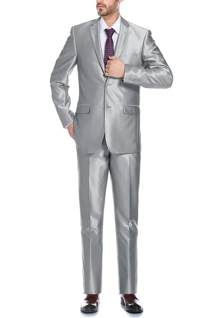 Cheap Suit - Mens Basic Two Button Slim Fit  Suit With Optional Vest In Shiny Silver Grey Sharkskin